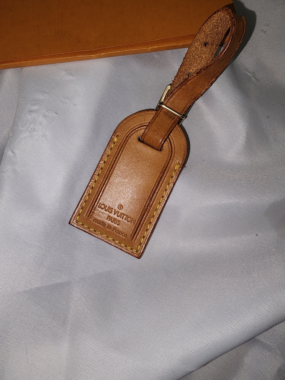 Louis Vuitton Brown Leather Luggage Tag with Yellow Stitching